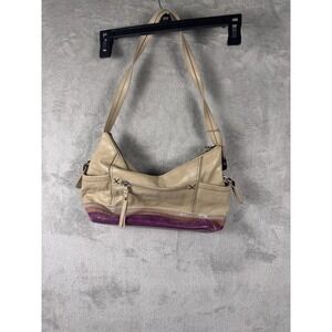 The Sak Shoulder Bag Womens Medium Beige Leather Colorblock Purple Trim Purse